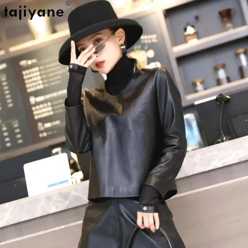 Tajiyane Real Leather Jacket Women Genuine Sheepskin Leather Jackets V-neck Leather Coat Long-sleeved Black Short Top