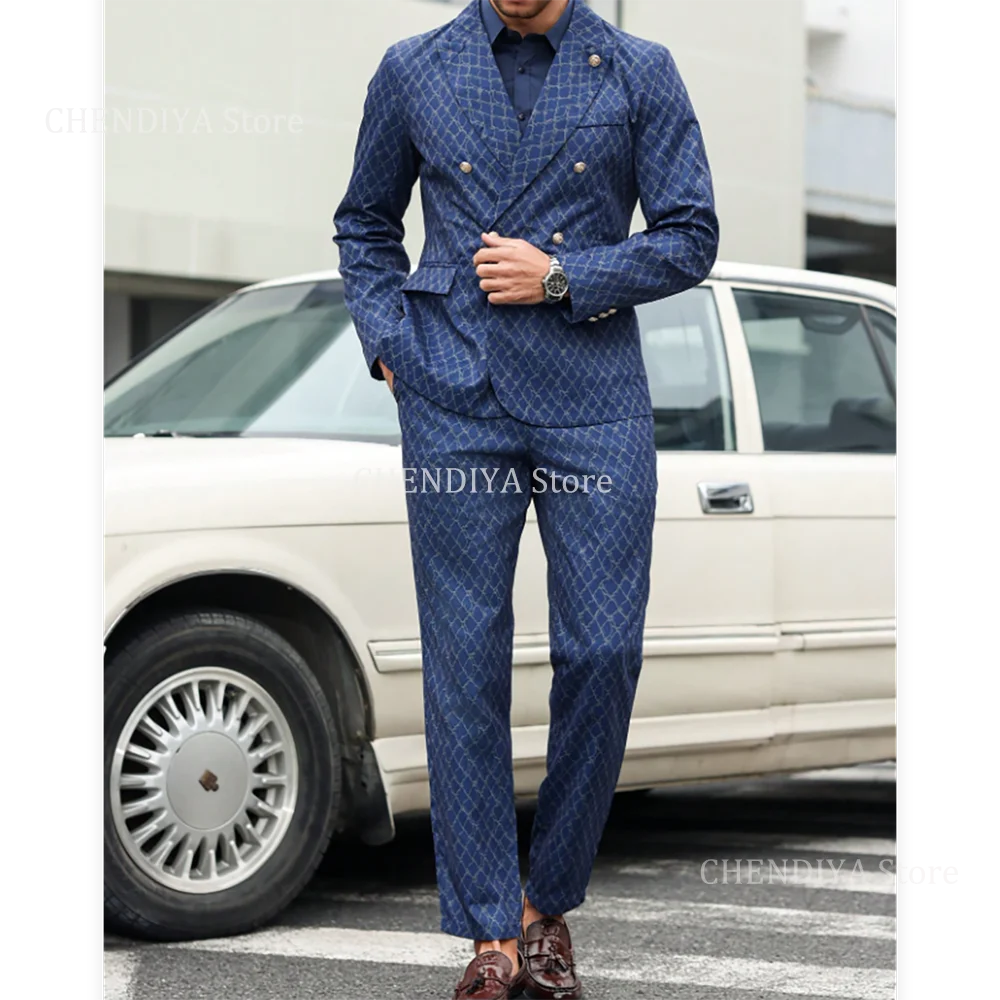 

New Arrival Men's Suits Chic Geometric Pattern Double Breasted Peak Lapel Jacket With Pants Business Casual Suit Set 2 Piece