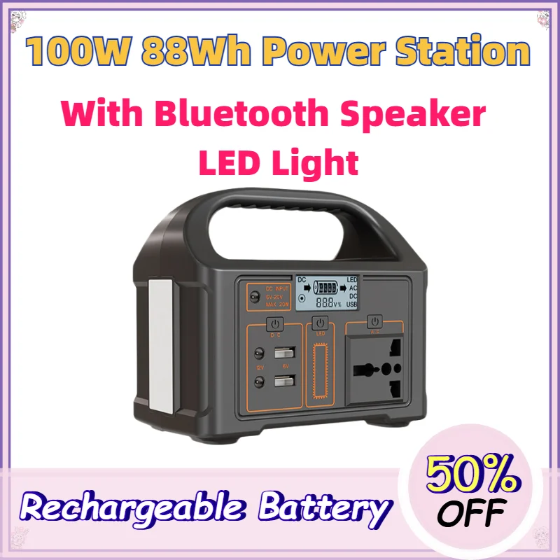 100W 89Wh Portable Power Station with Bluetooth Speaker LED Light 220V AC Output for Camping Outdoor