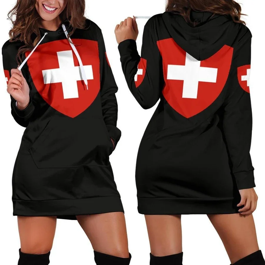 Love Switzerland Country Flag New Harajuku Novelty 3D Print Autumn Hoodies Dress Women Casual Wear Long Sleeve Hooded Dress