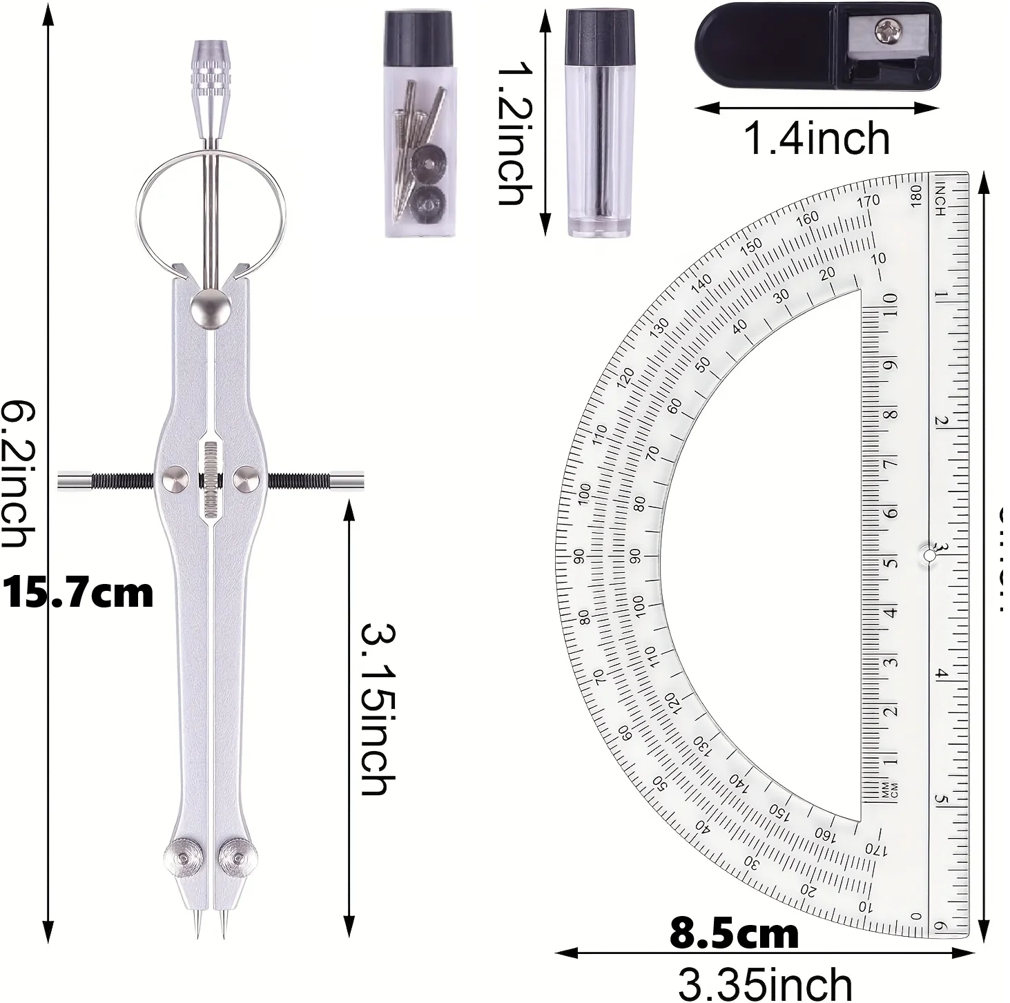 Compass and Protractor Set, Professional Drawing Compass Tool, Metal Compass with Extra Refills, Compass for Geometry