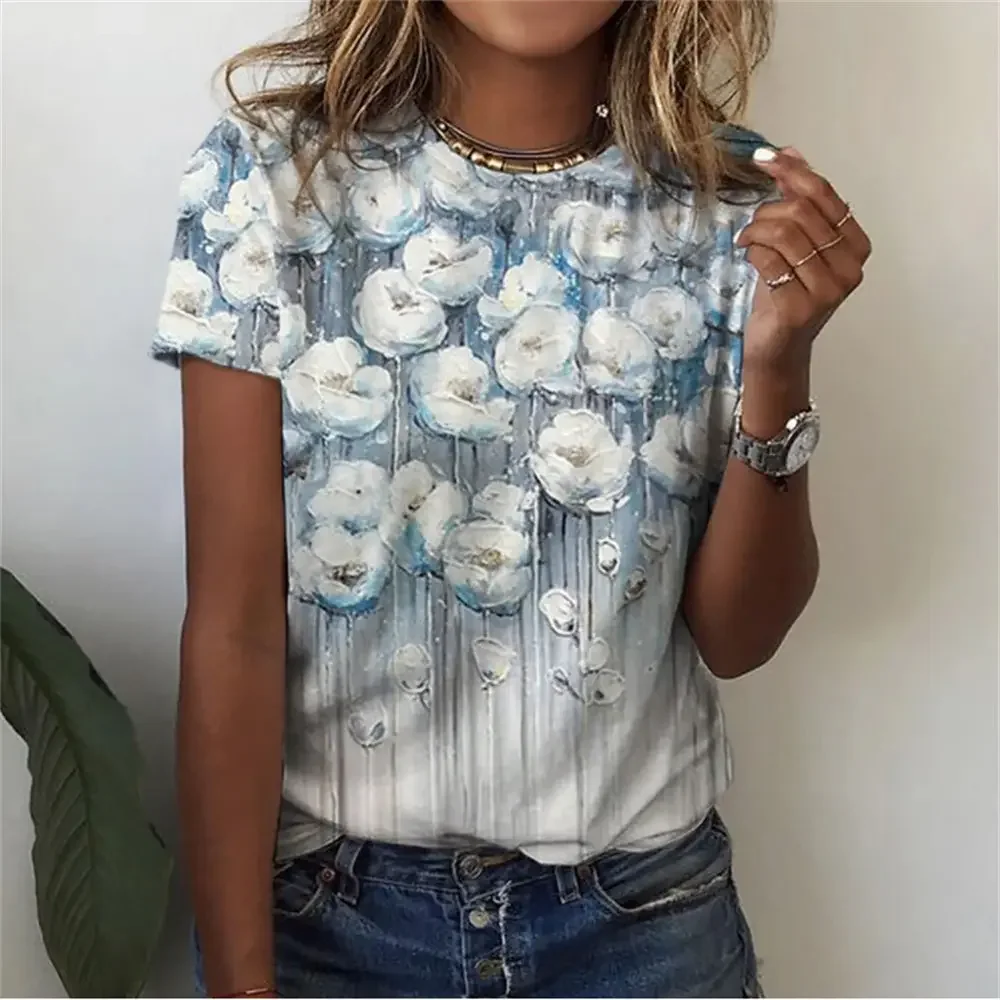 Camiseta floral 3D feminina com estampa, mangas curtas, camisetas na moda, roupas soltas, tops grandes, roupas Y2K, verão, novo