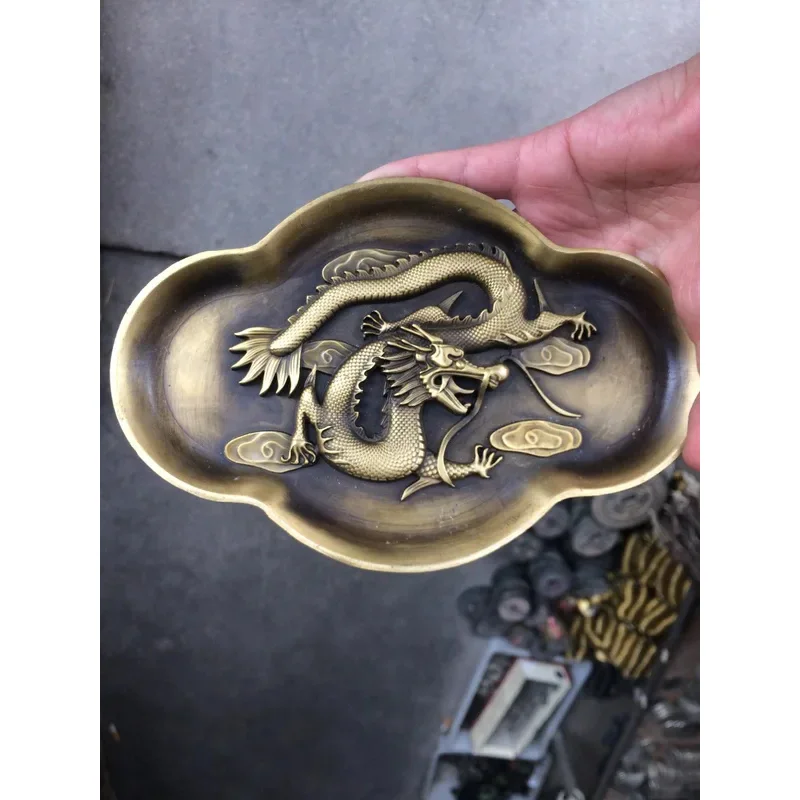 Chinese ancient home decoration brass bronze craft collection metal handicraft dragon statue plate