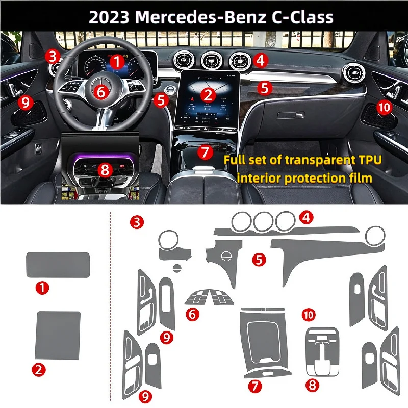 For 2023 Mercedes-Benz C-Class C260L center console gear shift screen film car interior transparent TPU anti- protective film