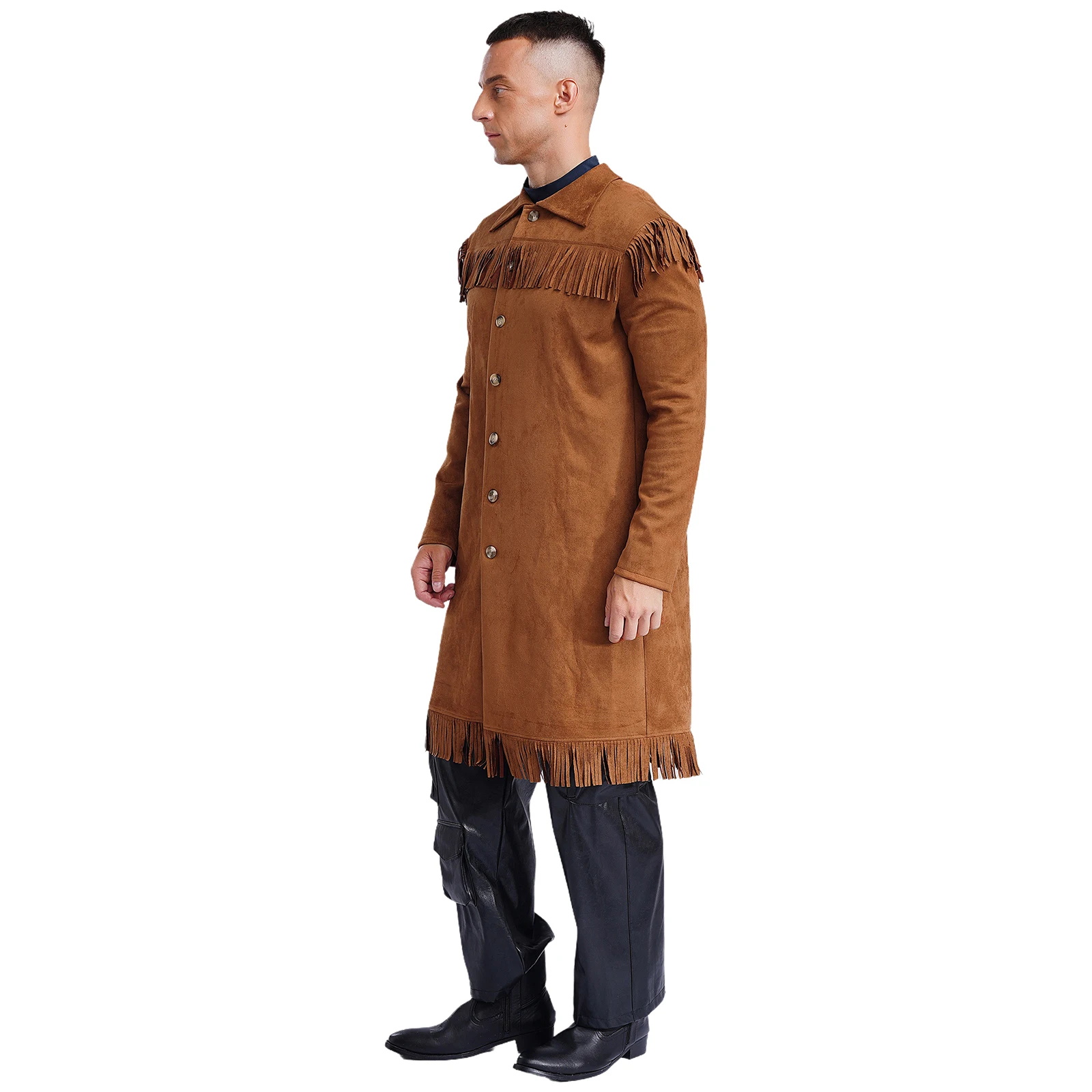 Men Western Cowboy Vintage Long Jacket Lapel Long Sleeve Button-up Tassel Faux Suede Coat Outerwear for Halloween Carnival Party