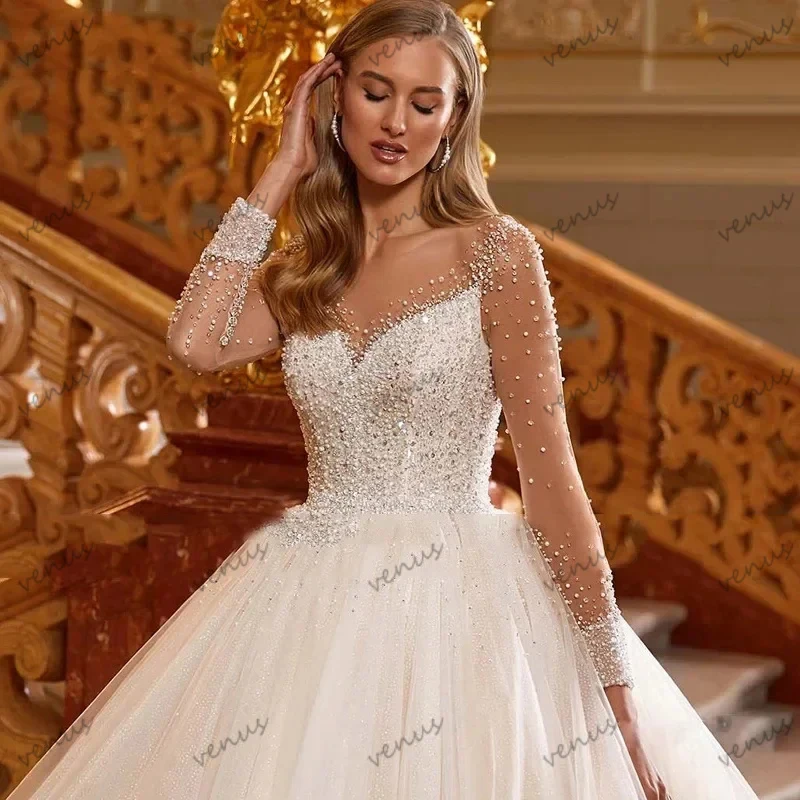 Fabuleux Robes De Mariée Robes De Mariée Exquises Perles Appliques Manches Longues Robes Charmantes Robes De Novia Personnalisé 2025