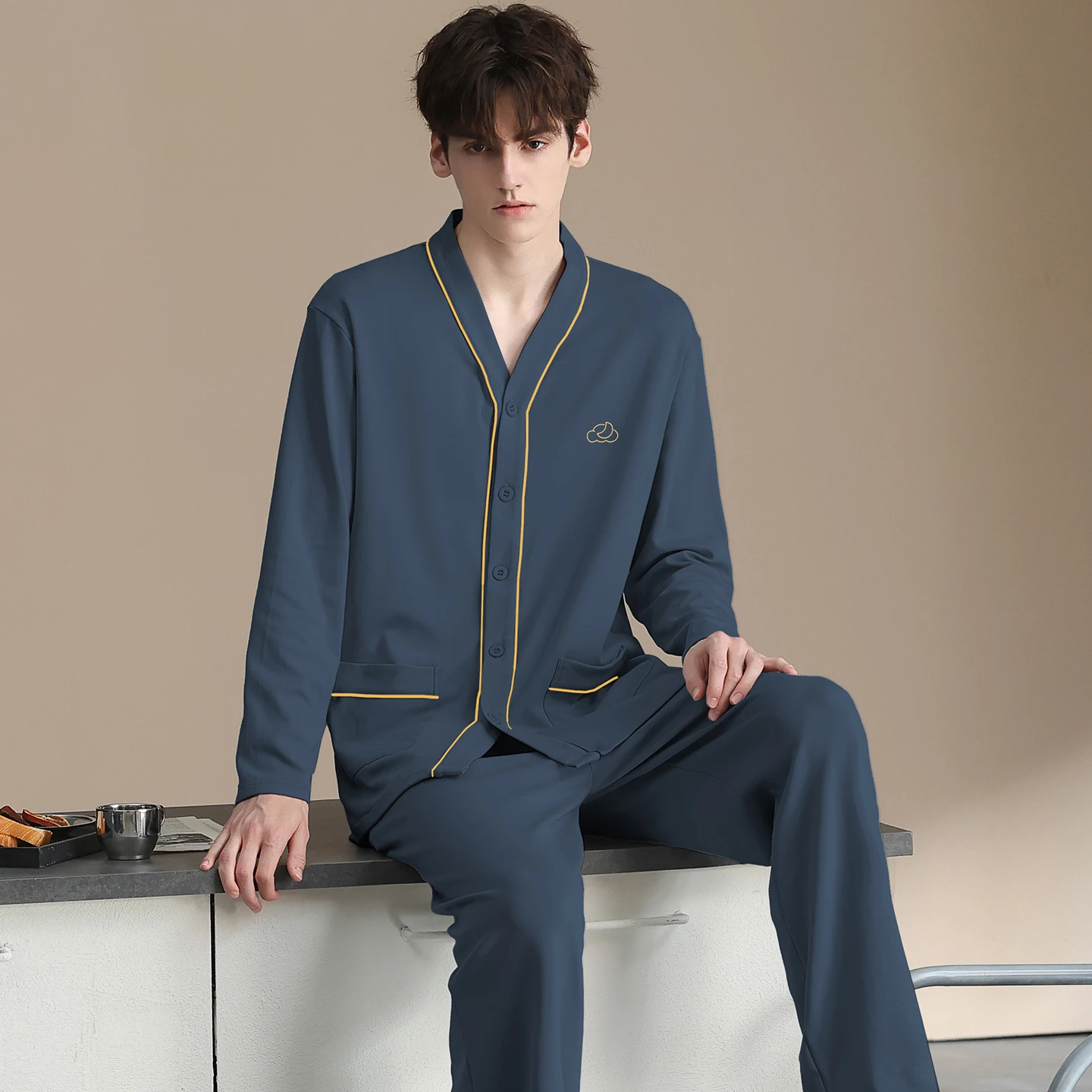 2PCS/Set V-Neck Japanese Style Cardigan Tops+Long Pants Men Pajamas Autumn Spring 100% Cotton Sleepwear Long Sleeve Pyjamas Male