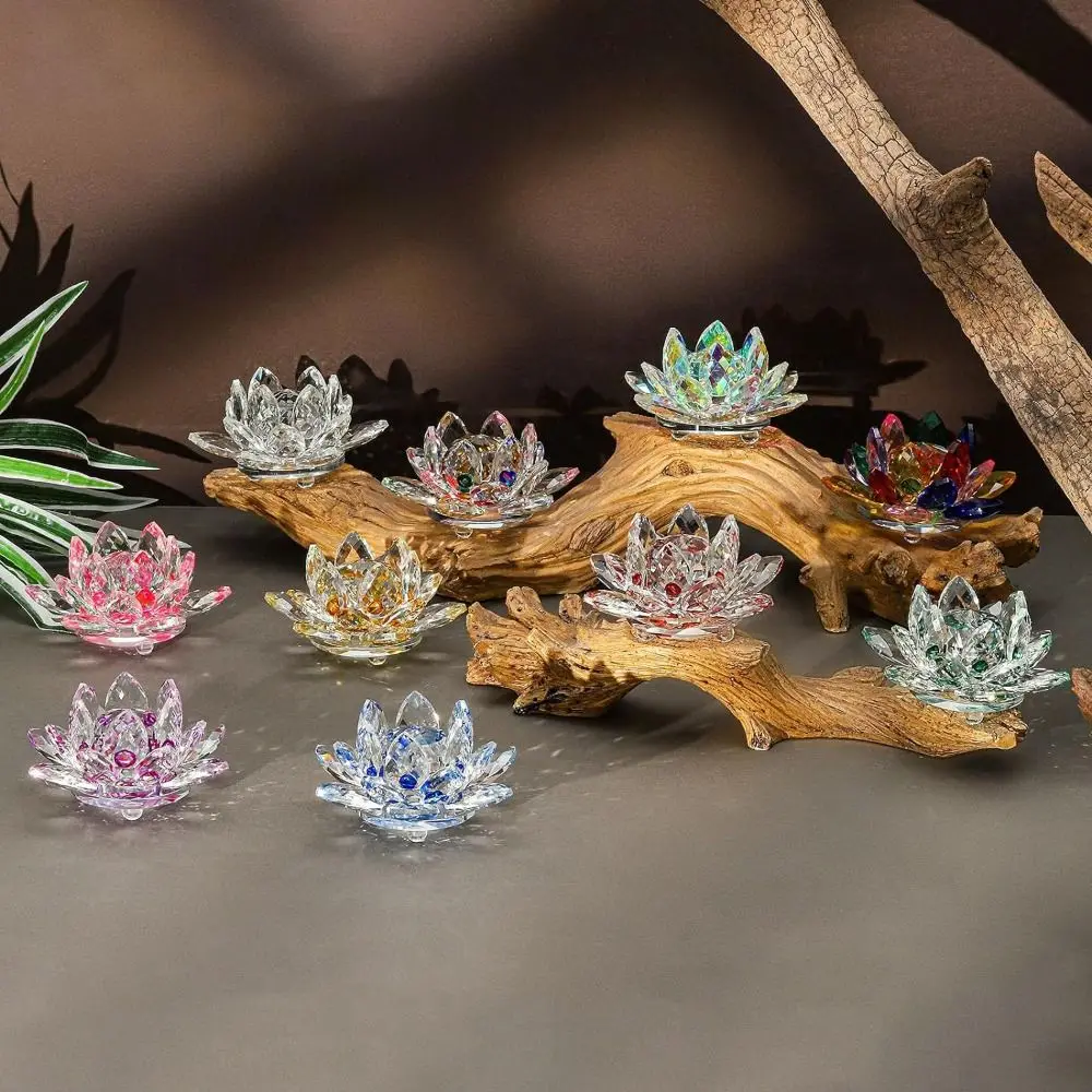 Hue Reflection Crystal Lotus Flower 3 Foots Sturdy Crystal Flower Figurine Anti-slip Lucky Charm Glass Lotus Feng Shui Decor