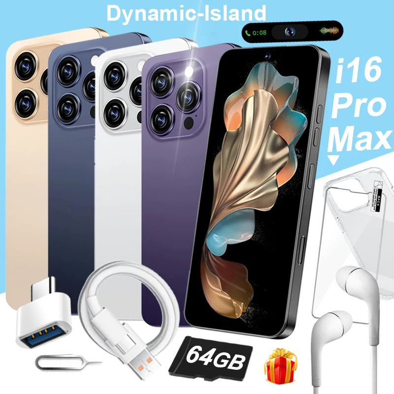 Смартфон i16 Pro Max и набор TF 64 ГБ для Android, сотовый телефон FHD 6,99 дюйма, мобильный телефон с двумя SIM-картами/Face ID Type-C, приложение для магазина Goodplay