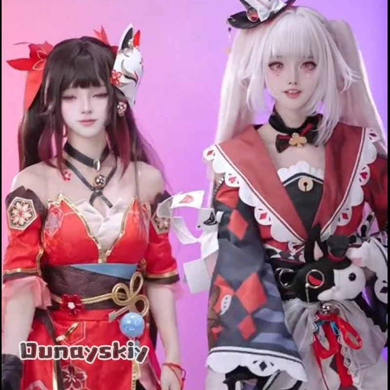 

aBcAzo*Sparkle SP Модный костюм для косплея в стиле клоуна, красно-черный, с узором в клетку, шапка-кролик, пушистые парики Y2K, Хэллоуин, Honkai: Star Rail