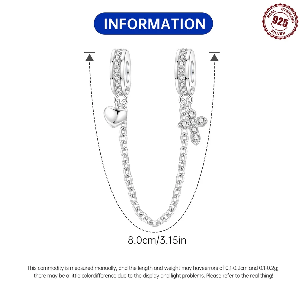 S925 Sterling Silver Safety Chain Charm Heart & Cross Dangle Safety Chain Fit Bracelets Faith & Love Protection Jewelry Gift