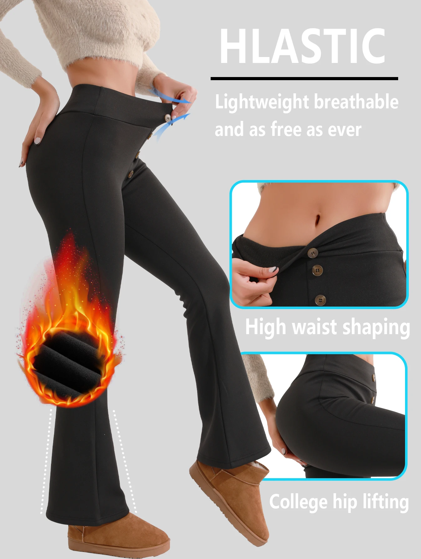 Warme, hoch taillierte Schlaghose, lange Hose mit Knopfdetail, bequeme Leggings