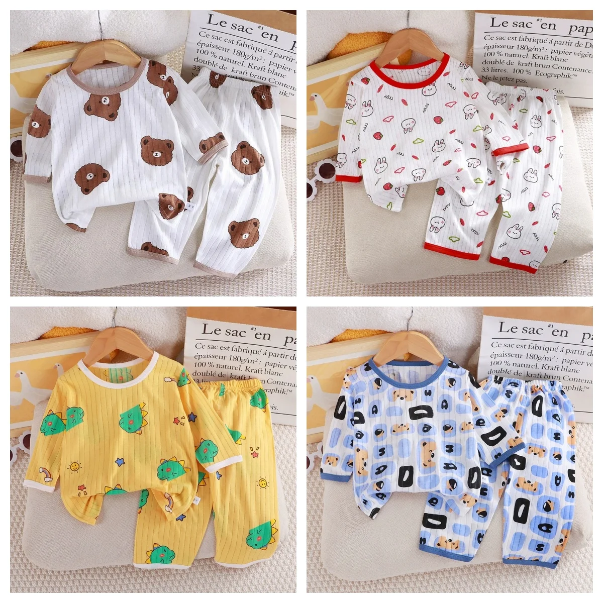 

Children's Cartoon Bear Print Pajamas Set, Toddler Boys Girls Long Sleeve Homewear, Kids Soft Sleepwear Outfit for Spring Autumn