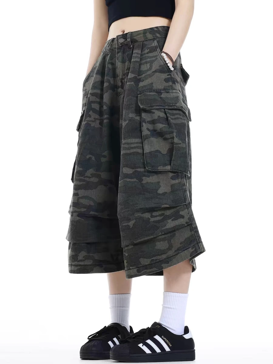 レトロ迷彩ワークウェア オルトス ワイドレッグ ケット デニムジーンズ カジュアル ハイウエスト セブンフット丈 ヴィンテージ風