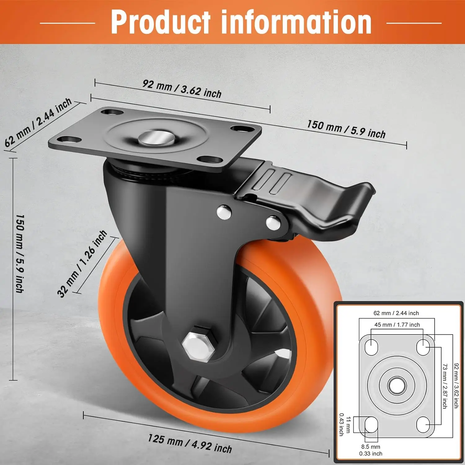 5 "Lenkräder, Rollen Set mit 8 hoch belastbaren orange farbenen Polyurethan-Rollen, Schwenk räder für die obere Platte, 8er-Pack