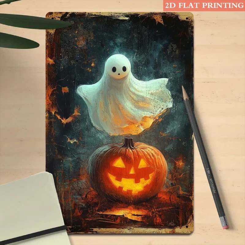Spooky & Jack-O'-Lantern Metal Wall Art -  Iron Decor with Fiery Pumpkin & Floating White Figure, Perfect for Halloween