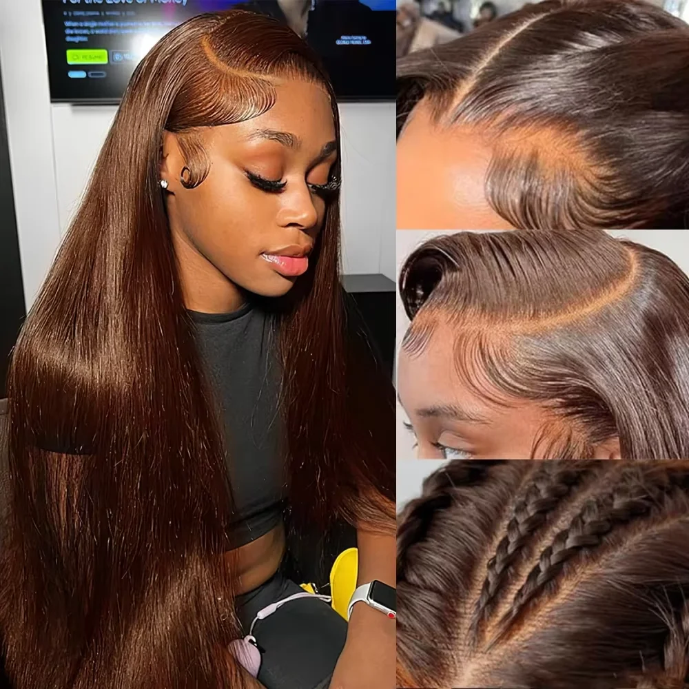 Hd Lace Frontal Wig Human Hair Pre Plucked - 13x4 Çikolata Kahverengi Düz HD Dantel