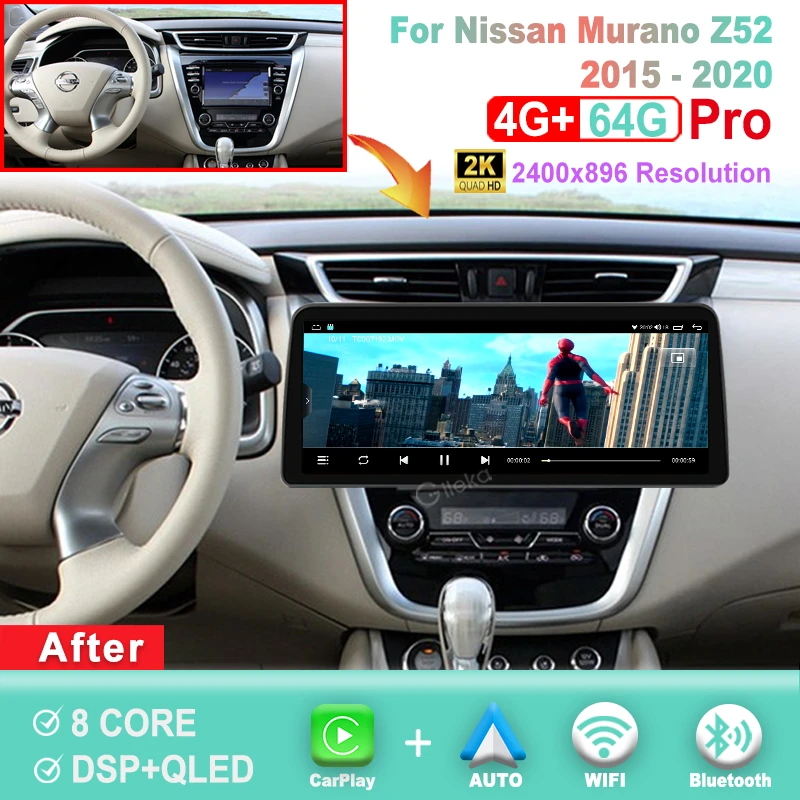 12.3 inch 2K Screen Carplay Android For Nissan Murano Z52 2015-2020 Car Radio Stereo Multimedia Player GPS WiFi 4G Head Unit