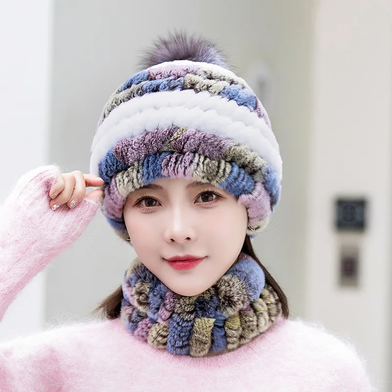 Fashion Girl Fur Cap Lady Winter Natural Real Rex Rabbit Fur Hat Scarf Suit High Quality Women 100% Genuine Fur Hat