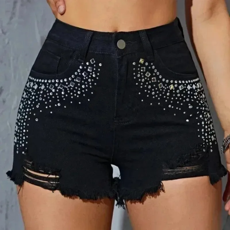 

Women Ripped Frayed Hem Straight-Leg Jeans Shorts Summer Non-Stretch Button Zipper Pockets Fashion Beaded Denim Mini Shorts