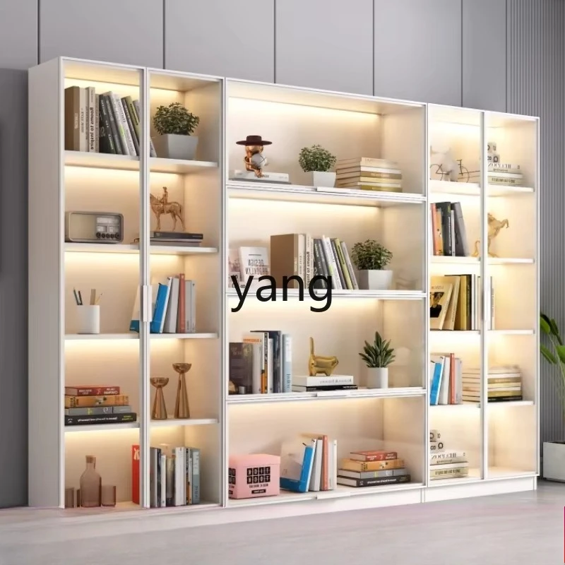 LHH， solid wood bookcase household glass door integrated whole wall to top storage display cabinet