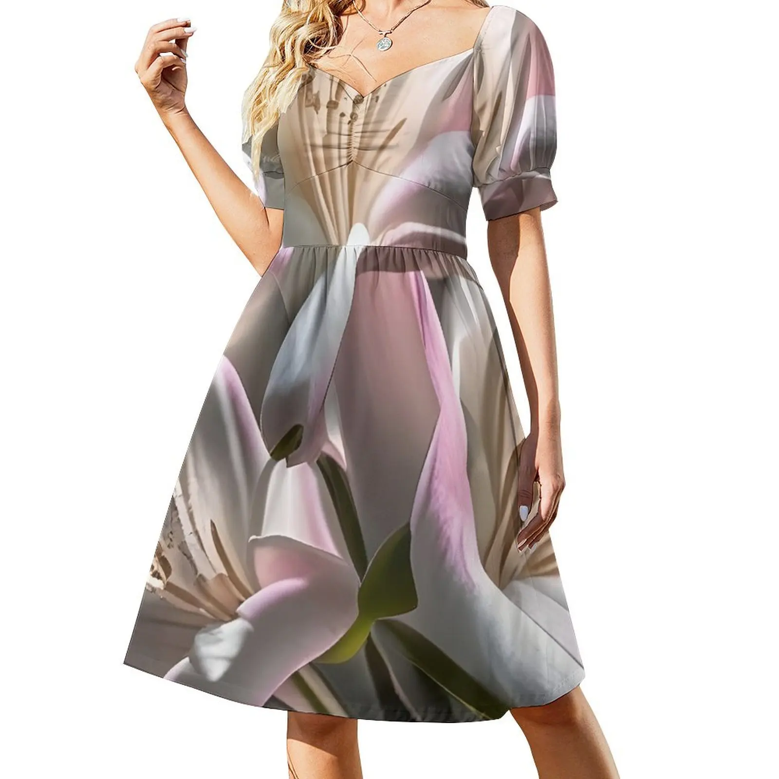 

Pink and white beautiful lilies Digital art. Short-Sleeved Dress Dresses Women's skirt