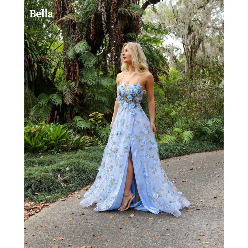 Bella Light Blue Tulle robes de soirée Spaghetti Strap Flower A-line Evening Dresses Elegant Sleeveless Side Split Wedding Dress