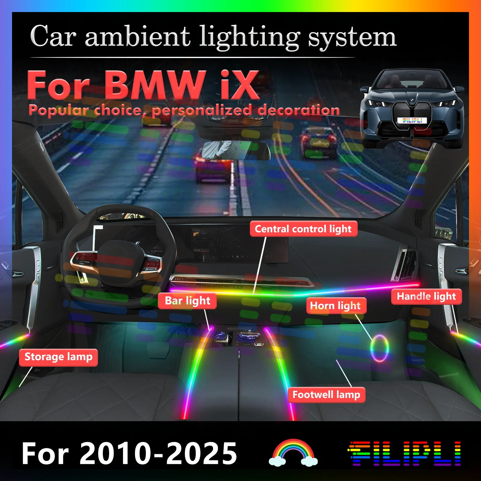 

10-в-1 светодиодные лампы для BMW IX серии i20 G08 NA5, цветная атмосферная подсветка, неоновые полосы для интерьера автомобиля, 64 RGB-цвета.