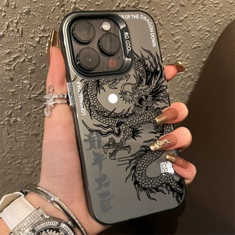 Luxury Dragon Totem Anti-drop Armour Matte Case For iPhone 15 14 13 12 11 Pro Max XS XR X 7 8 Plus 15 Lens protect plating Cover