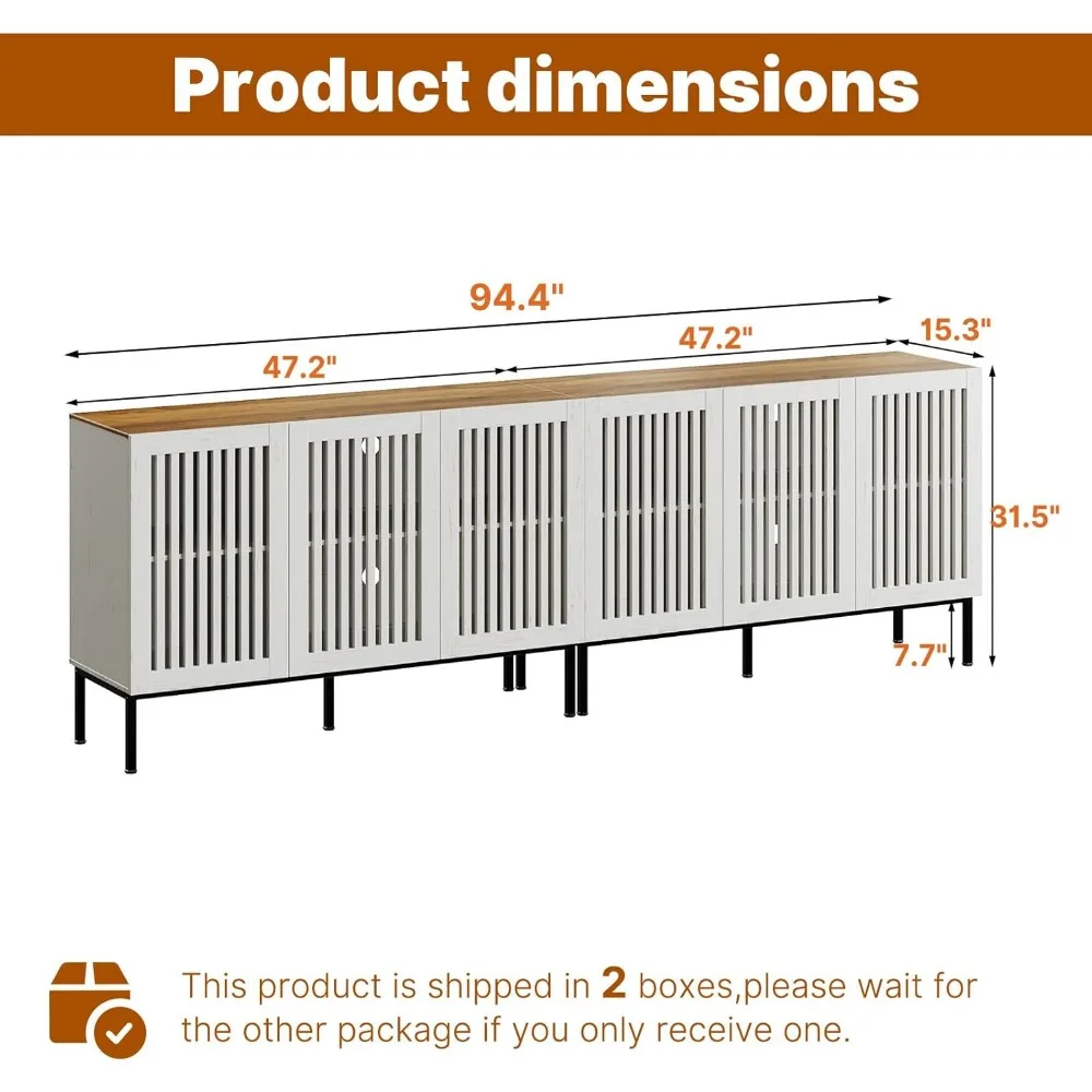 95-calowa szafka bufetowa z drzwiami z kratką, regulowanymi półkami i 6 drzwiami, kredens do przechowywania z metalową podstawą do kuchni