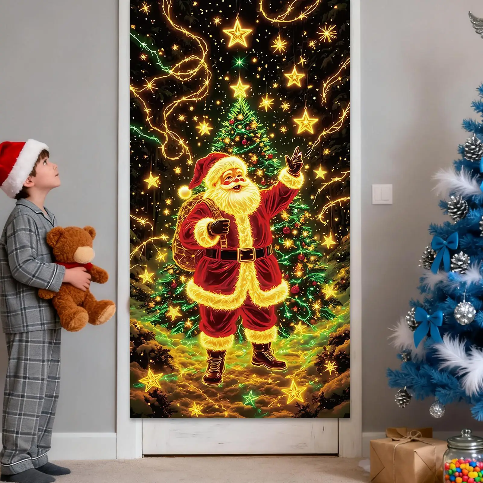 Cubierta navideña para puerta delantera, señal fluorescente de 70x35 pulgadas, decoración navideña para puerta delantera, cubierta para porche, granja, interior