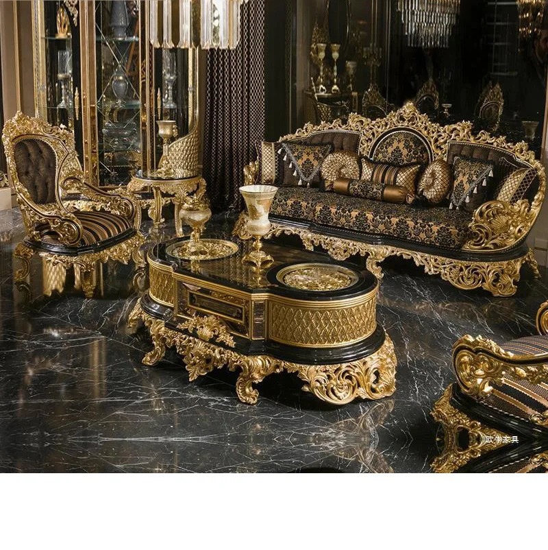 

European luxury solid wood carving flower sofa combination French villa gold foil fabric sofa living room court furniture