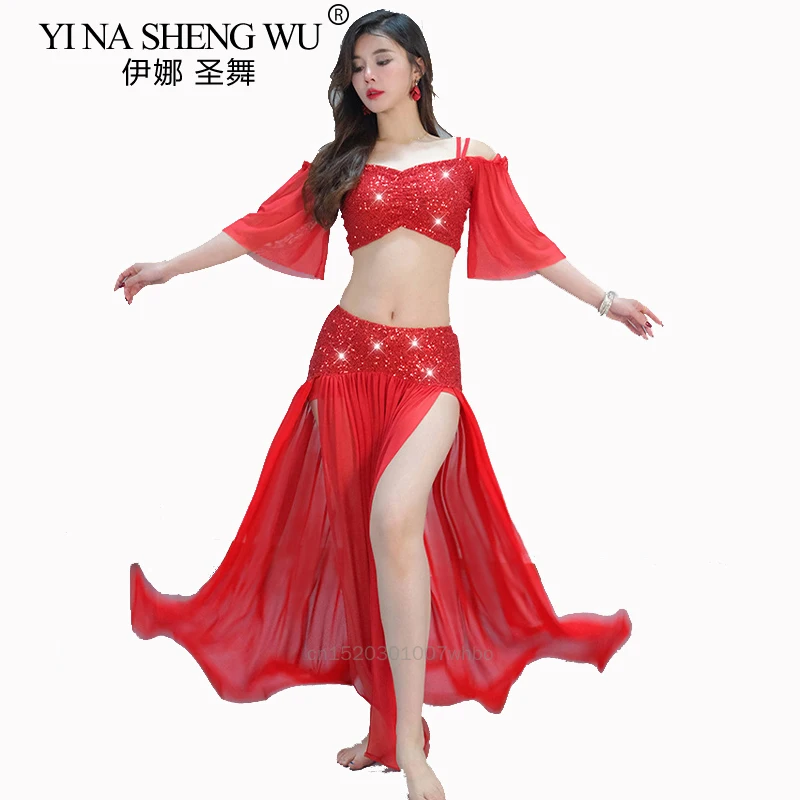 

Belly Dancing Sequin Practice Clothes for Women Elegant Temperament Set Girls Oriental Dance Performance Mesh Training Costumes
