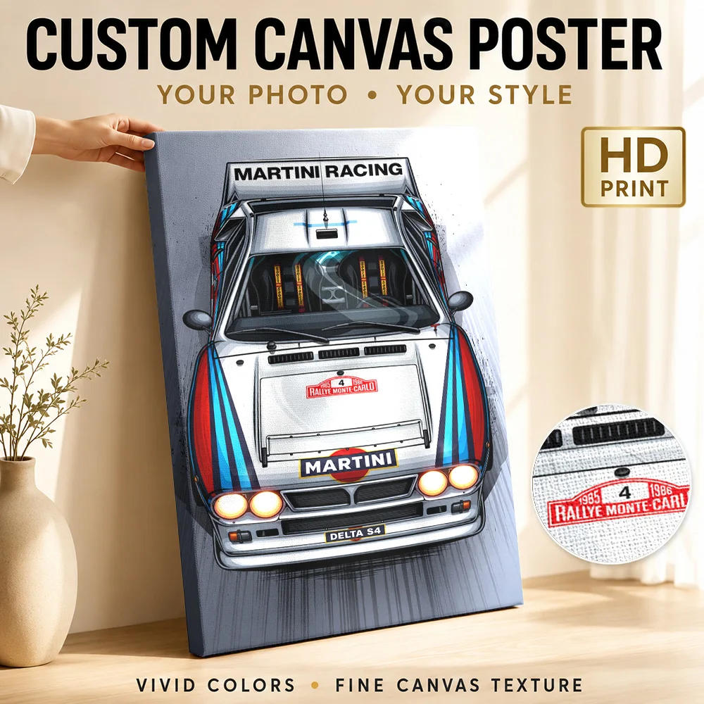 Italian Delta S4 White Rally Car Framed Canvas Posters Dynamic Style Wall Art With Customized Photo For Studio Ideal Driver Gift