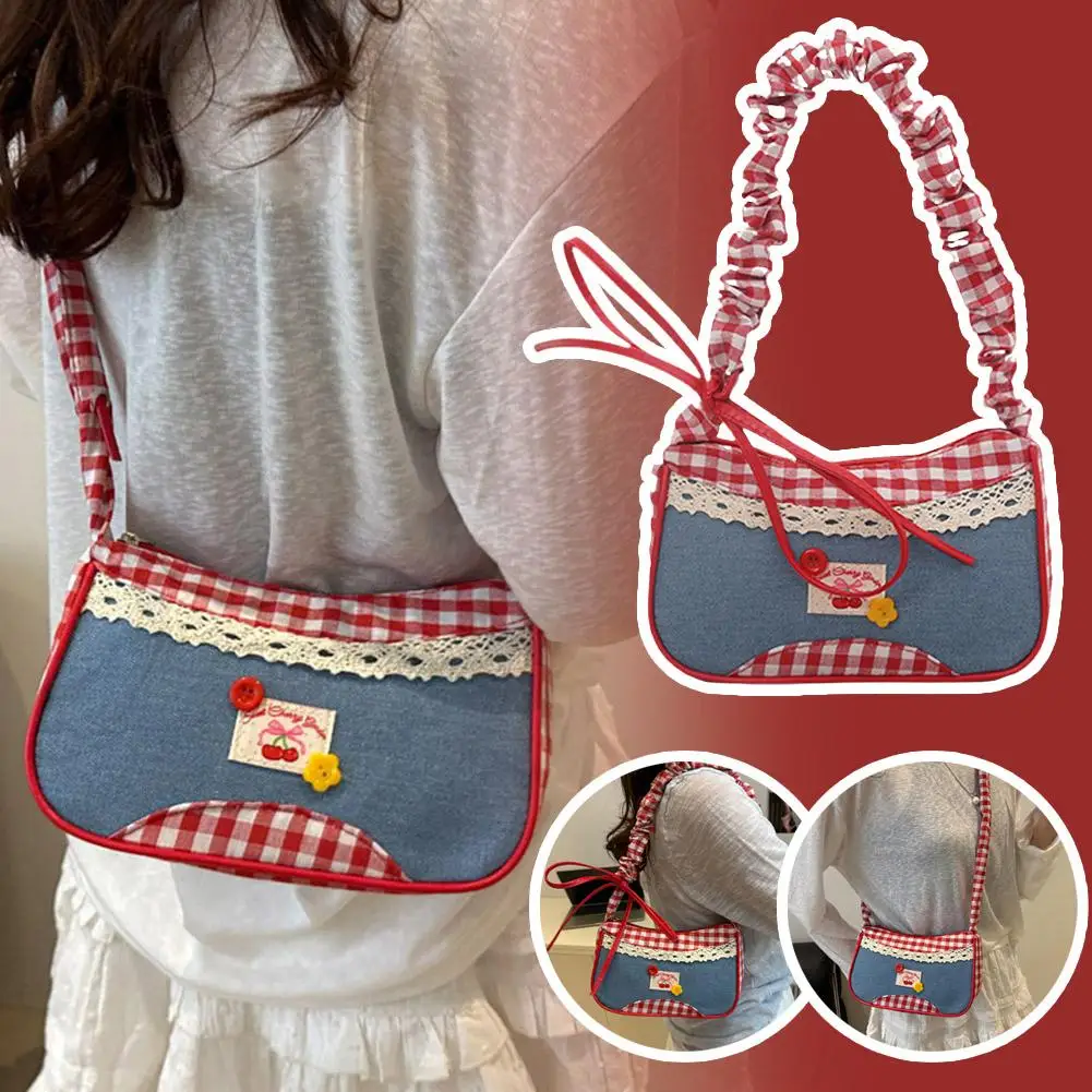 

Woman Fashion Lattice Shoulder Bag Bow Denim Lovely Underarm Bag Pleated Drawstring Design Daily Commuting Handbag