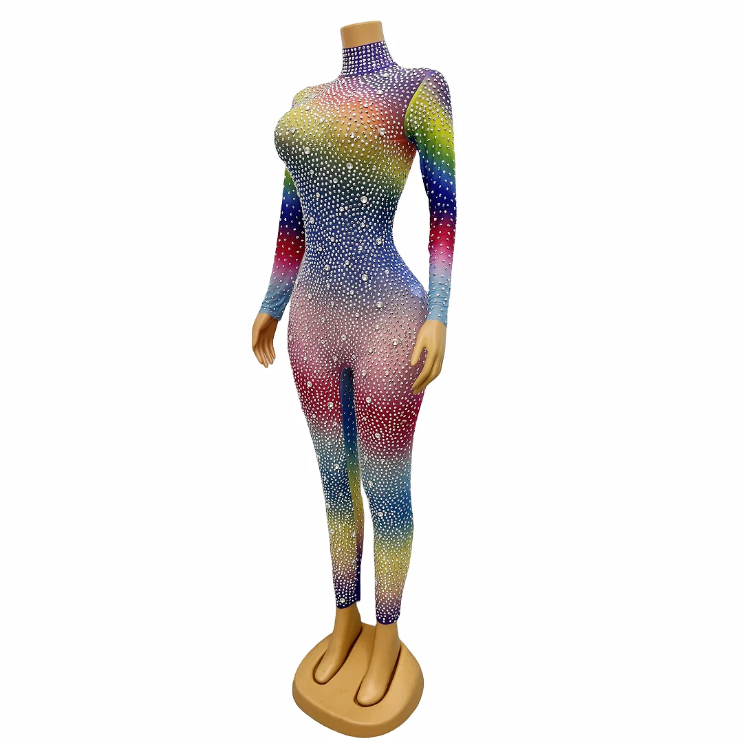 Sparkly Multi-color Full Rhinestones Jumpsuit Birthday Celebrate Sexy Stretch Outfit Women Bodysuit Leggings jianbian