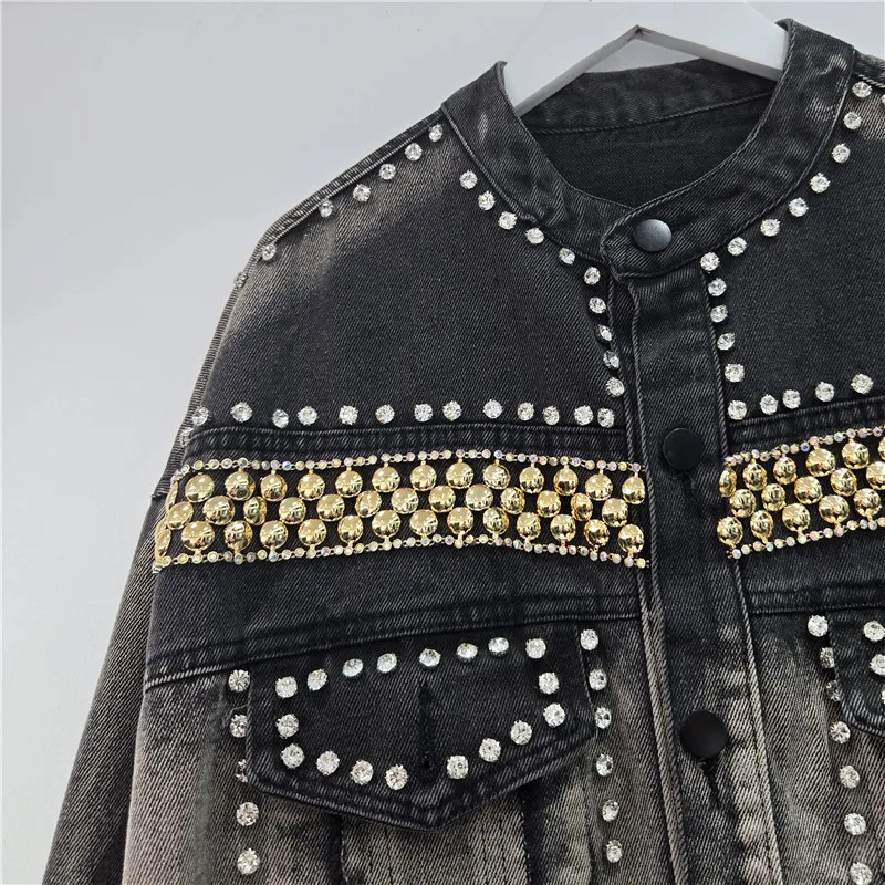 Travail lourd Rivet perlé diamant noir contraste couleur courte veste en jean mode col montant à manches longues Cowboy vêtements d'extérieur