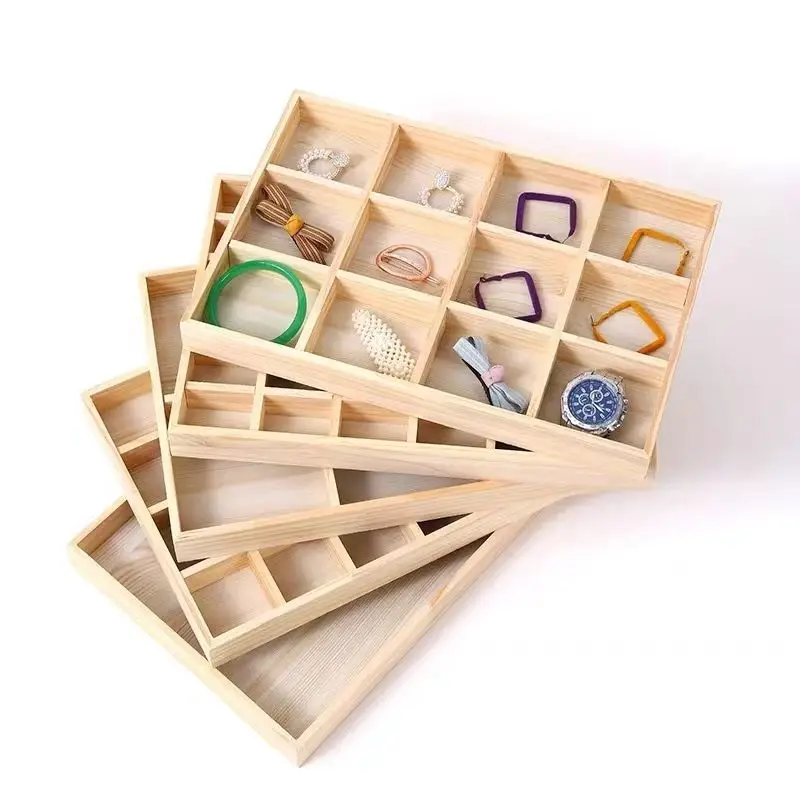 All Wood Jewelry Display Tray Living Room Clutter Stacking Counter Pendant Bracelet Earrings Solid Wood Multi Grid Storage Box