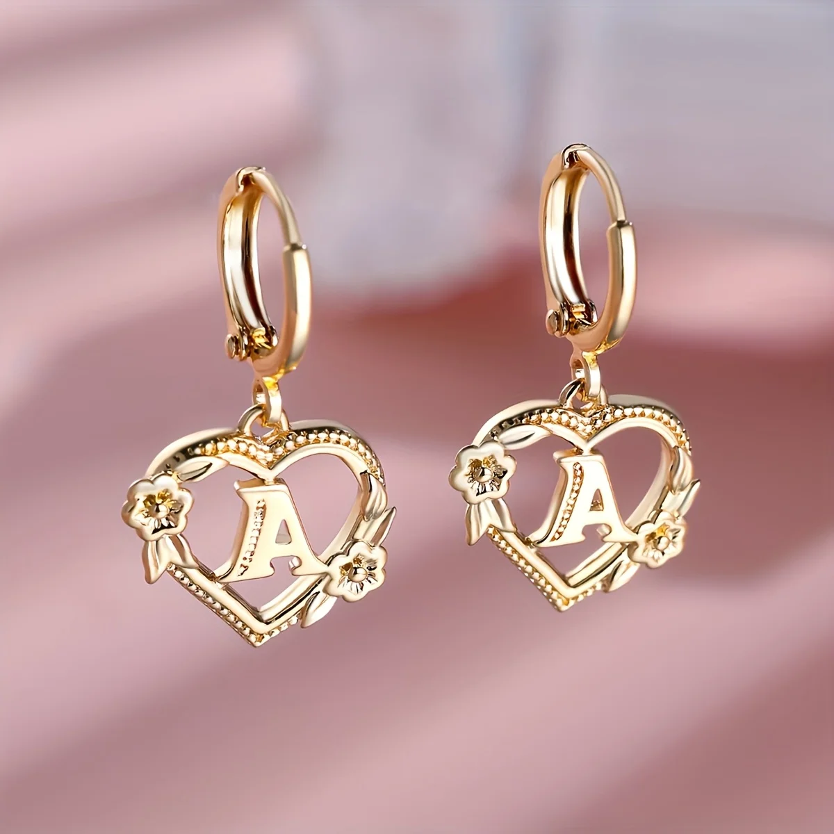 Rose Flower Carved 26 Letters A-Z Square Diamond Heart-Shaped Earrings Floral Design Suitable for Women Daily And Party Wear