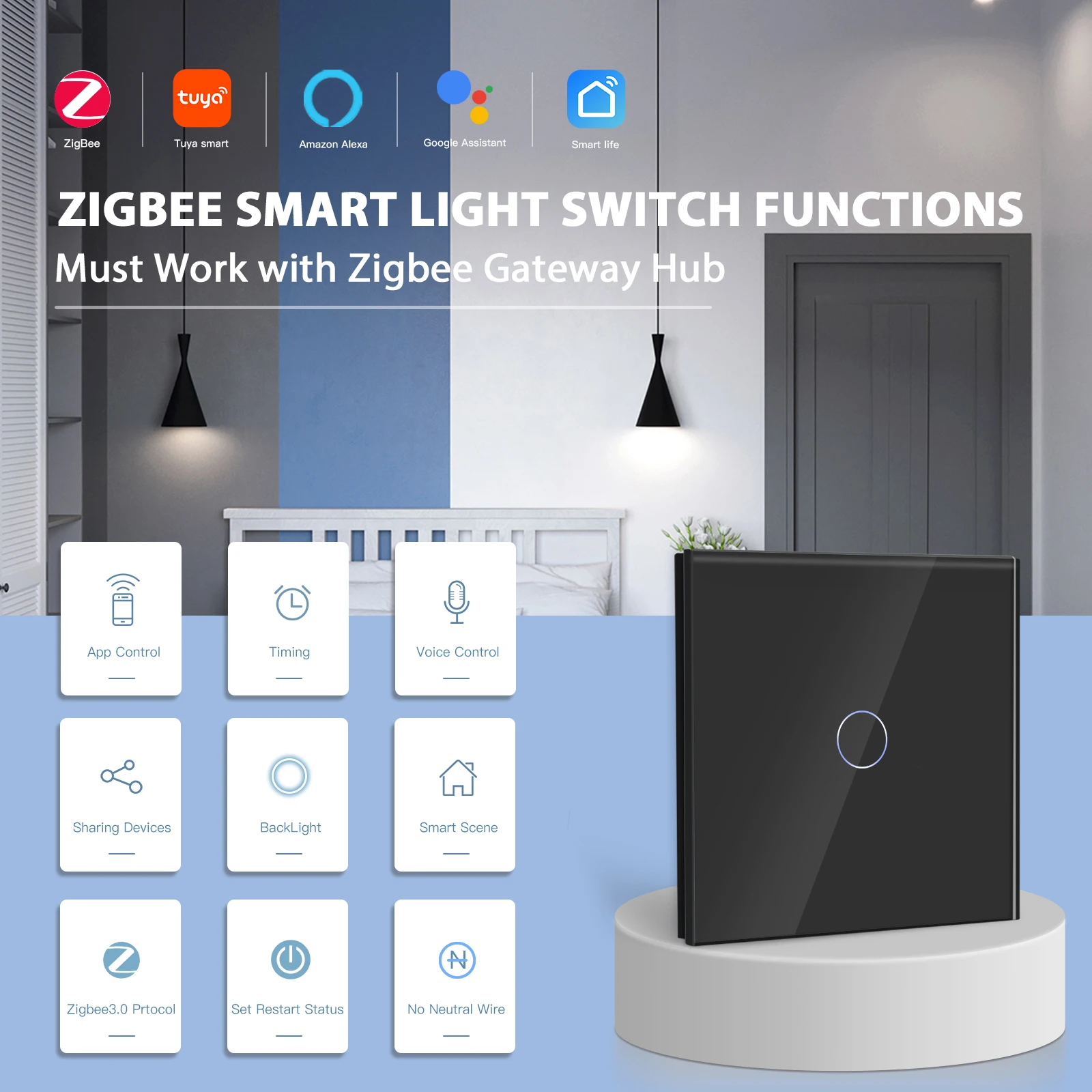 BSEED ZigBee Smart Switch 1/2/3Gang Single Live Wall Light Switch USB Type-C Charge Port Google Alexa Smart Home Voice Control