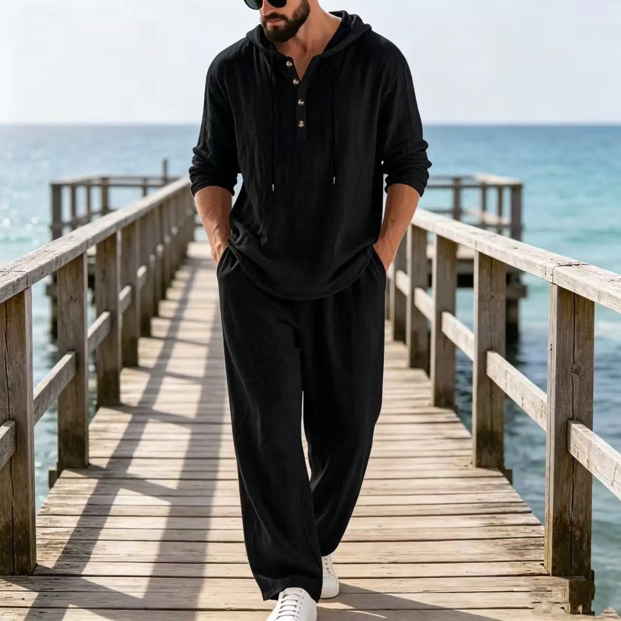 2026 Cross-border Spring and Autumn Linen Men's Casual Suit Amazon Loose Hooded Henry Shirt Long Sleeve Pants Suit - view 4