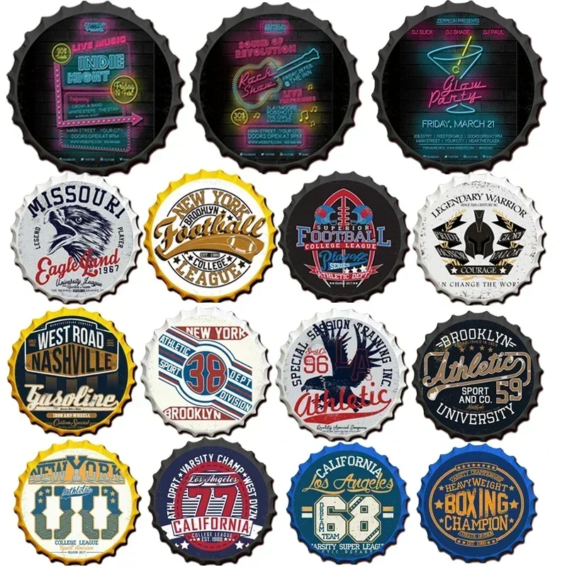 California New York Champion Beer Bottle Cap Tin Sign Decor Music Club Wall Sign Round Hanging Plate Art Crafts Signs Plaques