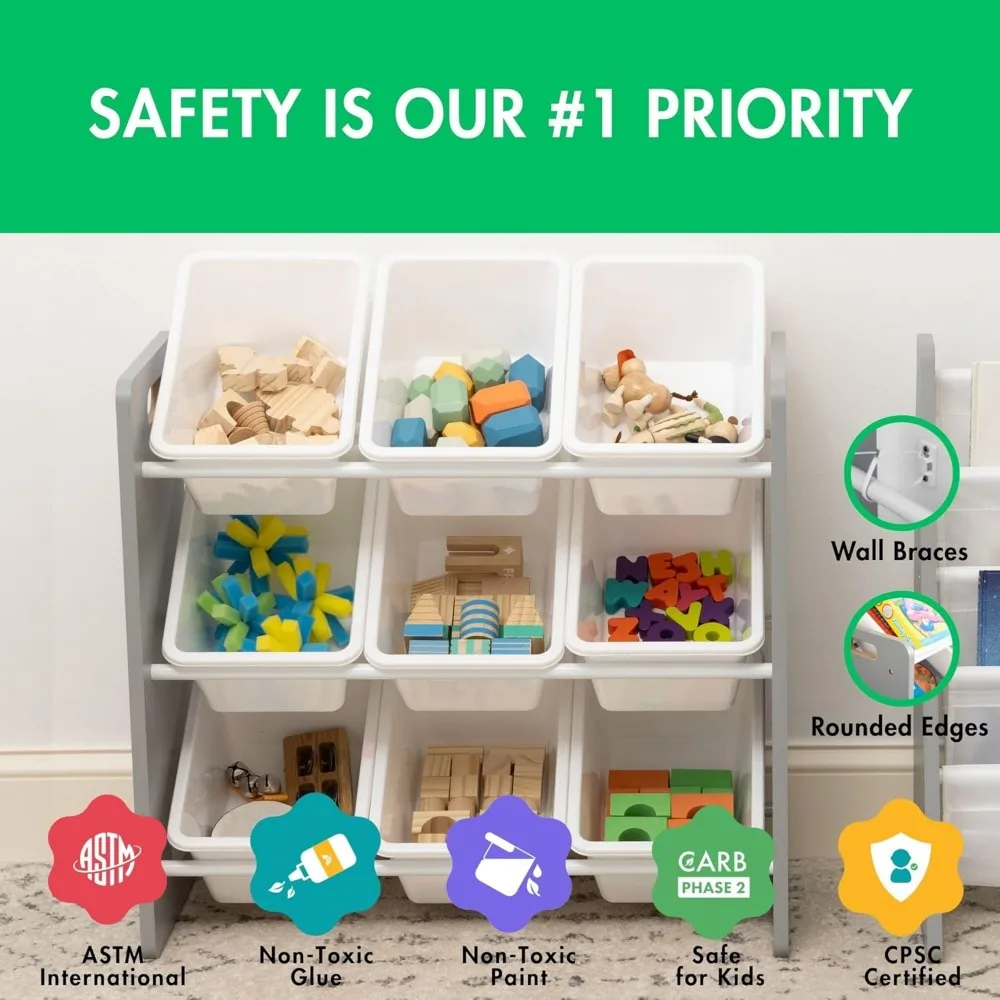 منظم ألعاب 9 صناديق مع صناديق قابلة للإزالة، وحدة تخزين من 3 طبقات لغرفة لعب الأطفال والحضانة باللون الرمادي والأبيض