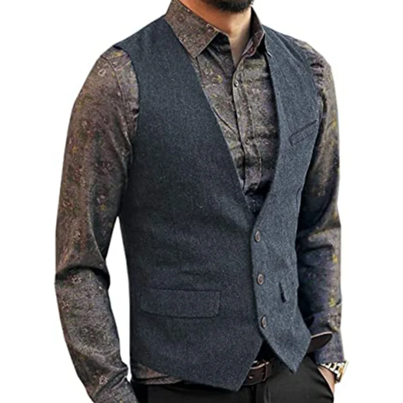 Men Vest Light Blue Classic Herringbone Tweed Wool Suit Vest V Neck Slim Fit Waistcoat For Wedding Groomsmen Suit Vests