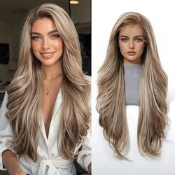 DWY Ash Brown Highlight Synthetic Lace Front Wig 13×6 Body Wave Pre Plucked Lace Wig for Women Wear and Go 28inch Wigs for Daily