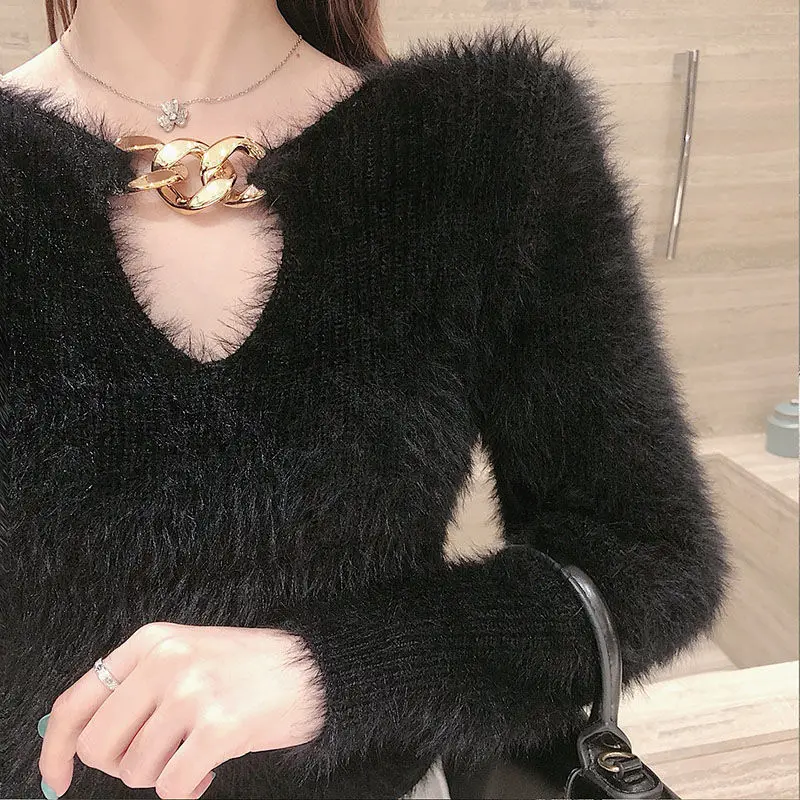 Autumn New 2024 Korean Style Fashion Versatile Hollow Out Fluff Winter V-neck Slim-fitting Thin Knitted Sweater Pullover Top