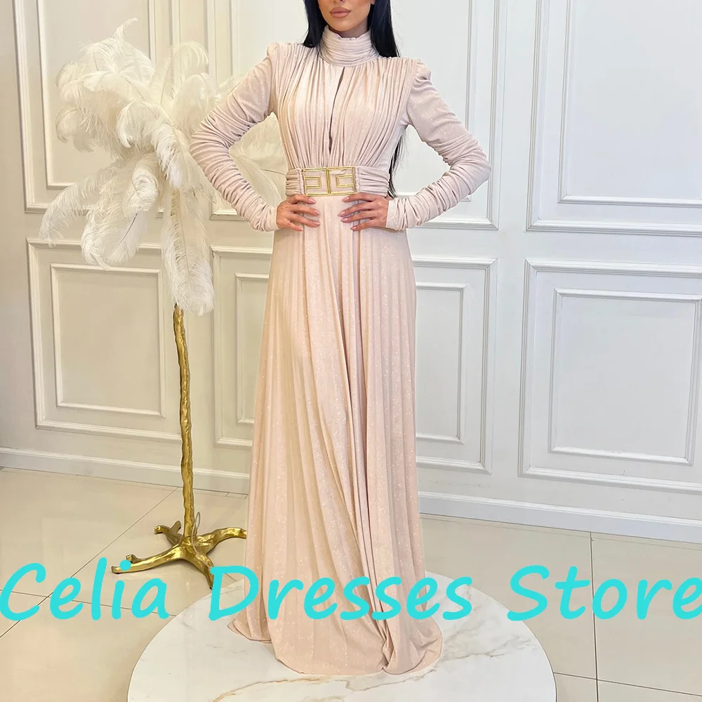 Floor Length Straight High Neckline Jersey Long Sleeves Pleats Sweep Train Solid Color Classic Celebrity Dress Quinceanera Gowns