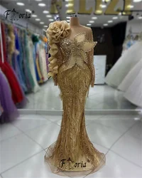 Dubai Gold Luxury Beaded Mermaid Evening Dresses Crystal Tassels Ruffled Long Sleeve Prom Dress Wedding Party Gown 3D Flower New