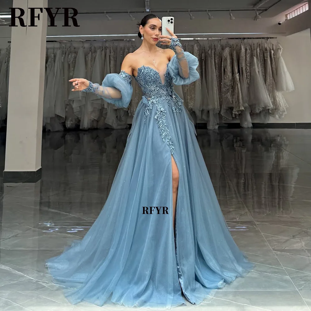 فستان حفلات بأكمام طويلة RFYR 2025 فساتين الحفلات المسائية الرسمية مع دانتيل مزين بفساتين حفلات الزفاف حسب الطلب