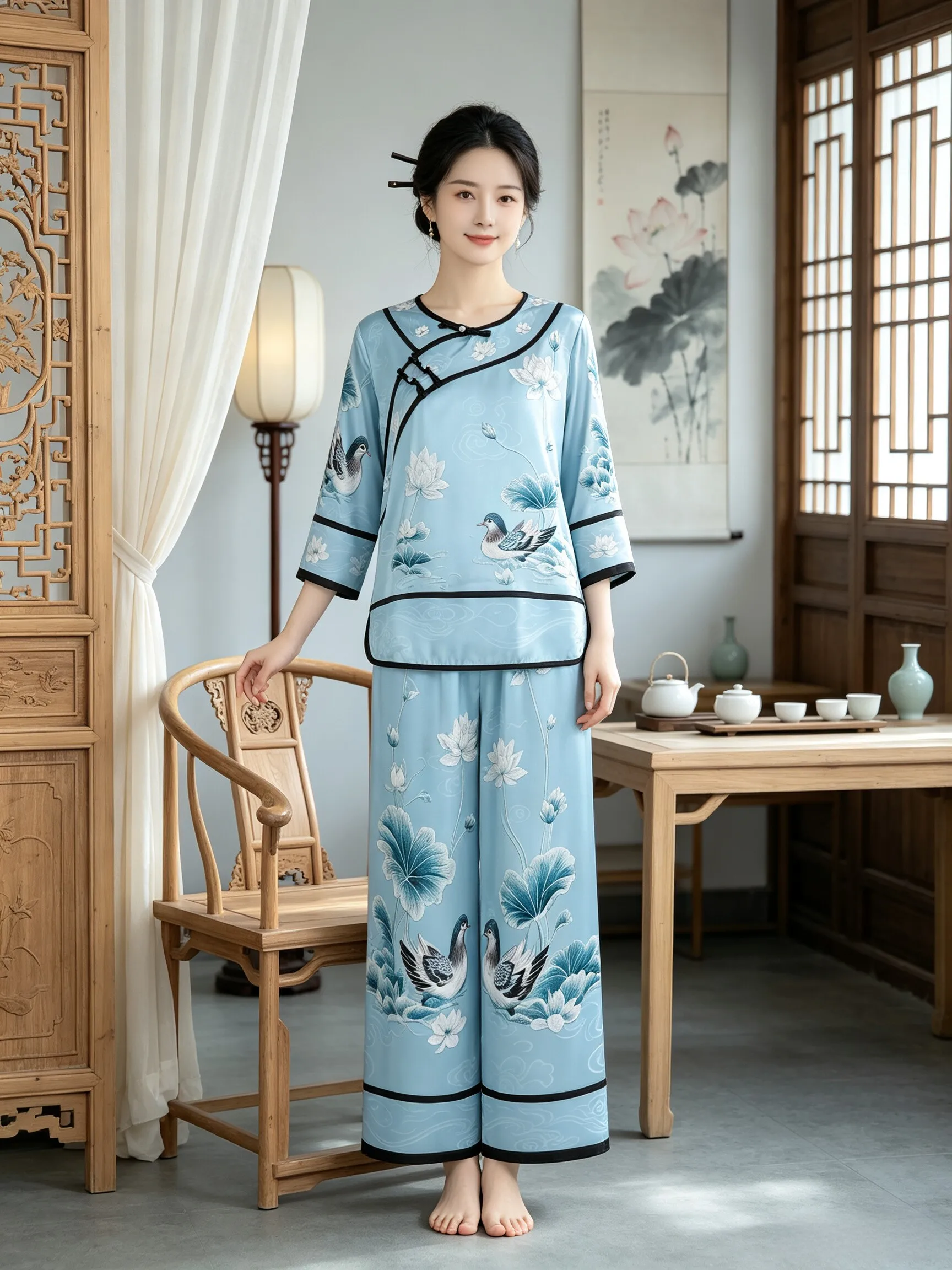 新しい中国風の女性の寝間着アイスシルクホーム服セット秋の宮廷唐衣装プラスサイズ快適なソフトポリエステル